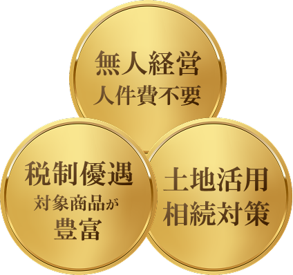 無人経営、人件費不要。税制優遇、対象商品が豊富。土地活用、相続対策。